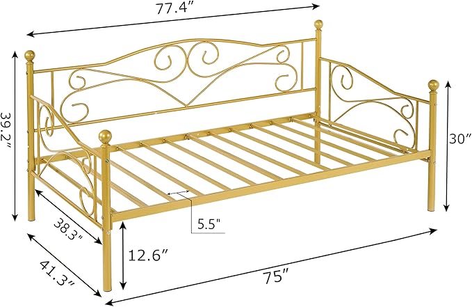 VECELO Daybed Frame, Twin Size Metal Platform Bed with Headboard,Heavy Duty Steel Slats Support for Living Room Bedroom Guest Room, Easy Assembly