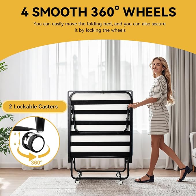 Folding Bed with Mattress for Adults, Single Size Portable Foldable Bed with Strong Metal & Wood Frame, Rollaway Guest, 75" x 31"
