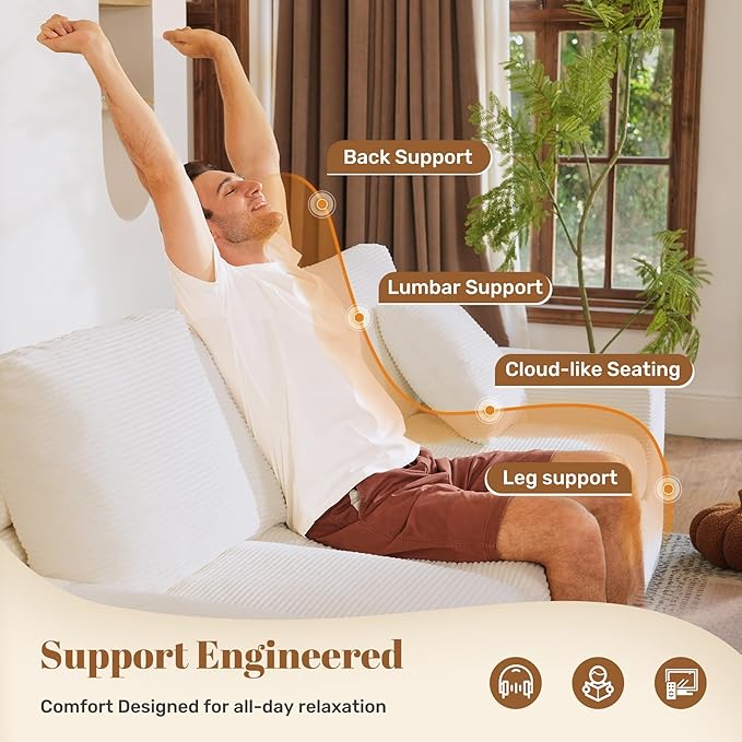 91.7" Boneless Sofa Couch with Layered Cushion,3 Seater Cloud Couch with Deep Seat,Upholstered Corduroy Floor Sofa with Removable Cover &Throw Pillows for Living Room,No Assembly, Beige