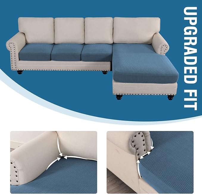 H.VERSAILTEX Sectional Couch Covers 4 Pieces Sofa Seat Cushion Covers L Shape Separate Cushion Couch Chaise Cover for Both Left/Right Sectional Couch (Seat Only: 1 Chaise + 3 Sofa, Dusty Blue)
