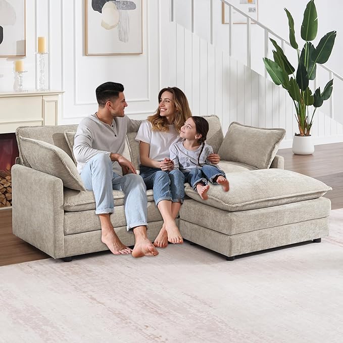 Modular Sectional Sofa with Ottoman, 76.7" Modern L Shaped Sectionals Cloud Couch, Comfy Couch Loveseat, 3 Seat Chenille Deep Seat Sofa with Pillow for Living Room,Bedroom Apartment,Small Spaces-Camel