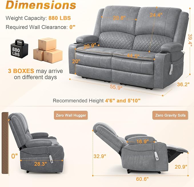 Loveseat Recliner Sofa, Power Reclining Loveseat Sofa RV Couch with Removable Armrest and Remote Control, Wall Hugger Home Theater Seating with 2-Tier Cushions, Storage & USB Ports, PU Grey