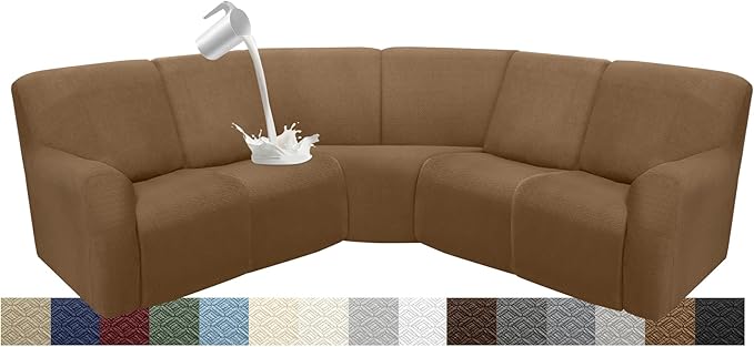 Waterproof Reclining Sectional Couch Covers Washable L Shaped Couch Cover for Sectionals Recliner Sofa Covers Stretch Corner Recliner Slipcovers for Dogs (5 Seater Cover, Light Brown)