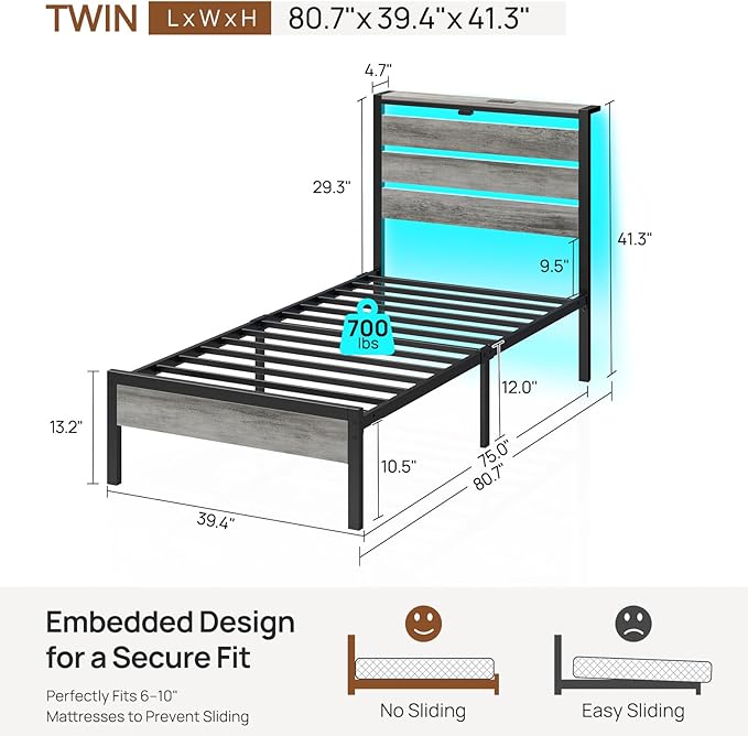 Rolanstar Twin Bed Frame with LED Lights and Charging Station, Wood Storage Headboard and Under Bed Storage, Metal Platform Bed, Easy Assembly, No Box Spring Needed, Grey