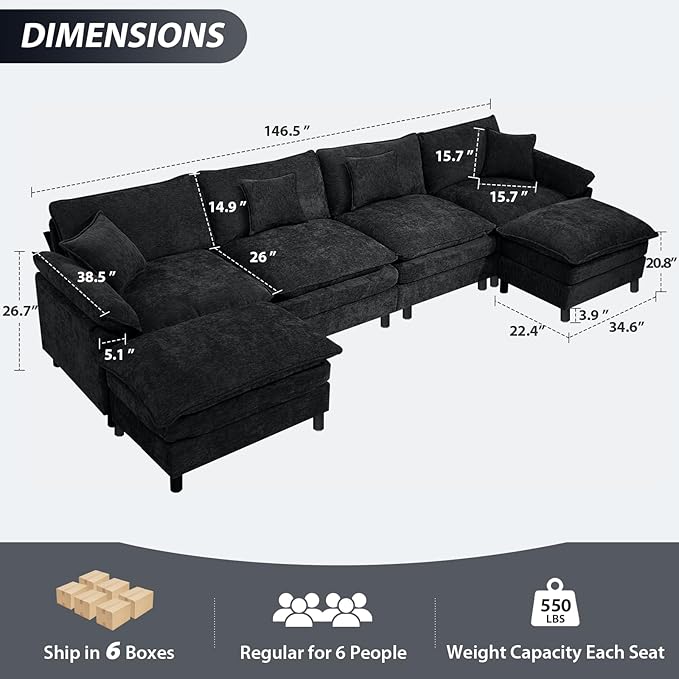 Oversized Modular Sectional Sofa, 146.5 Inch U Shaped Cloud Couch Set, 4-Seat Comfy Convertible Sofa with 2 Movable Ottoman, DIY Combination Sleeper Couch for Living Room(Chenille, Black)