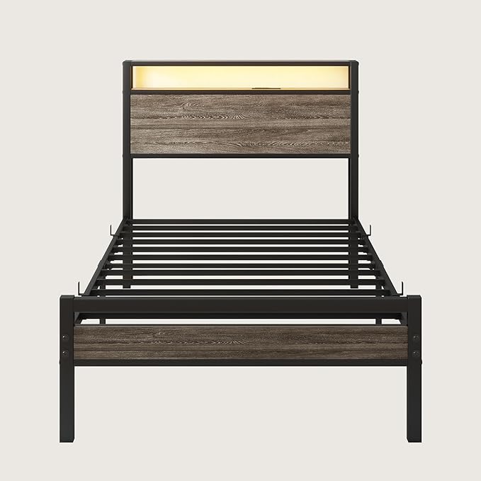 BOFENG Twin Bed Frame with Wood Headboard and USB Charging Station,Heavy Duty Metal Platform Single LED Bed Frame Twin Size with Storage No Box Spring Needed,Strong Steel Slats,Noise Free,Rustic Grey