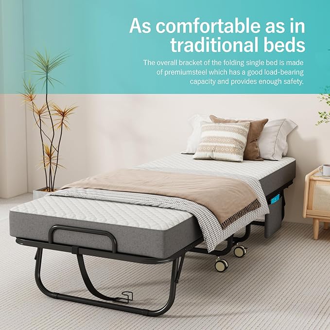 Folding Bed with Mattress for Adults, 75" x 31"Portable Cot-Size Rollaway Bed, Metal Frame Foldable Guest Bed with Memory Foam Mattress,Deluxe Single Beds with Side Storage Pocke