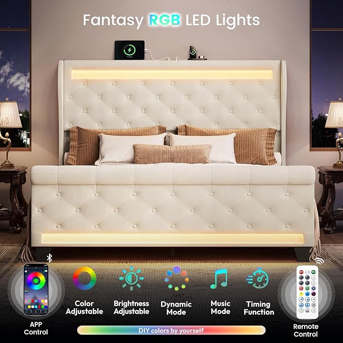 Belffin Queen Size Bed Frame with Headboard,50" Tall Headboard Upholstered Velvet Platform Bed with LED Lights & 2 USB Port/1 Type C Port, Button Tufted,No Box Spring Needed, Noise Free,Beige