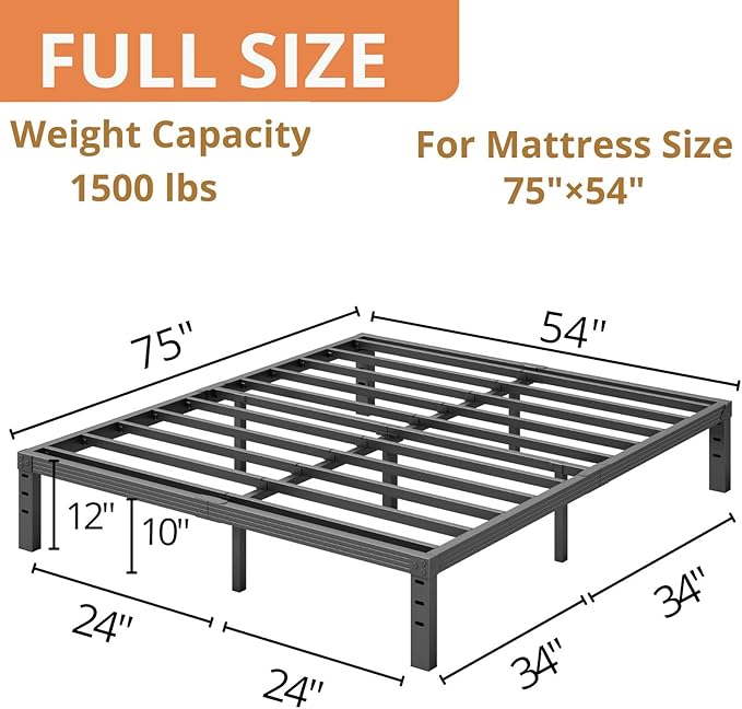 ZIYOO Full Bed Frames, 12 Inches Platform Bed Frame, 3500lbs Heavy Duty Steel Slat, Non-Slip Design, No Box Spring Needed, Easy Assembly, Quiet Noise Free, Under Bed Storage Space, Black