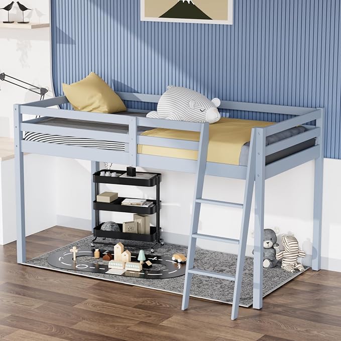 VINGLI 47'' Tall Junior Low Loft Bed with Stairs, Wood Loft Bed Twin Size for Adults, Kids and Young Teens, No Box Spring Required,Wood Slat Support, Gray