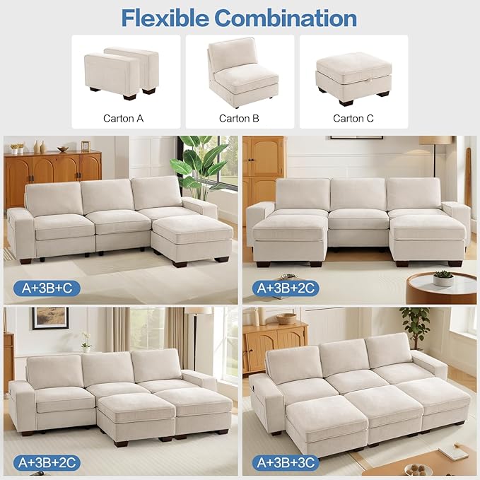 TEKAMON 100" Modular Sectional Sofa with Seats Storage, U Shaped Couch with 2 Movable Ottomans, Chenille Fabric Couch for Living Room, Spring Cushions, USB Port, Removable Covers, (Beige, U Shape)