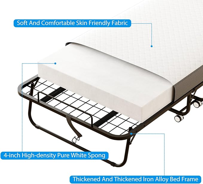 Folding Bed with Mattress for Adults, 75" x 38" Twin Size Rollaway Bed with Memory Foam Mattress, Portable Foldable Guest Bed with Metal Frame, Deluxe Single Bed for Side Storage Pocket