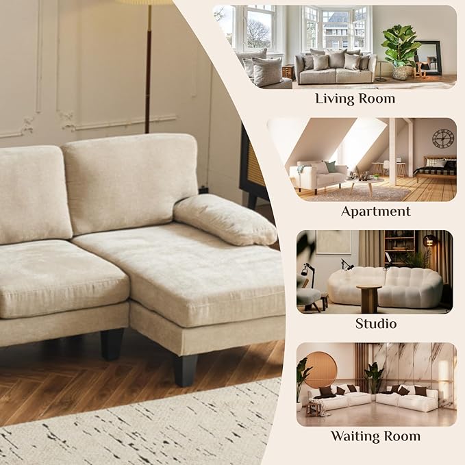 Karl home 111" Sectional Sofa U-Shaped 4-Seat Couch with Chaises Wood Grian Legs Chenille Fabric Upholstered for Living Room, Apartment, Office, Khaki
