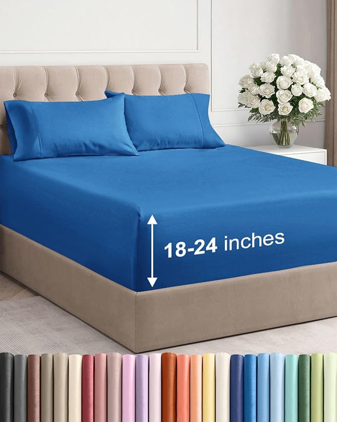 Extra Deep Twin Sheet Set - 4 Piece Breathable and Cooling Sheets - Hotel Luxury Bedding for Women, Men, Kids & Teens - Easy & Secure Fit - Soft, Wrinkle Free & Comfy - Extra Deep Pockets - Royal Blue