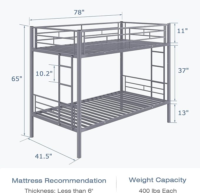 VECELO Bunk Bed Twin Over Twin, Metal Bunkbeds with Ladder and Full-Length Guardrail, No Box Spring Needed, Space Saving, Noise Free, Grey