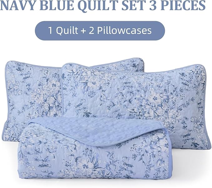 WONGS BEDDING Quilt Queen Size, Blue Quilt Bedding Set with 2 Pillowcases, Botanical Quilt for Queen Bed, Soft Microfiber Lightweight Coverlet Bedspread for All Season (96"×90", 3 Pieces)