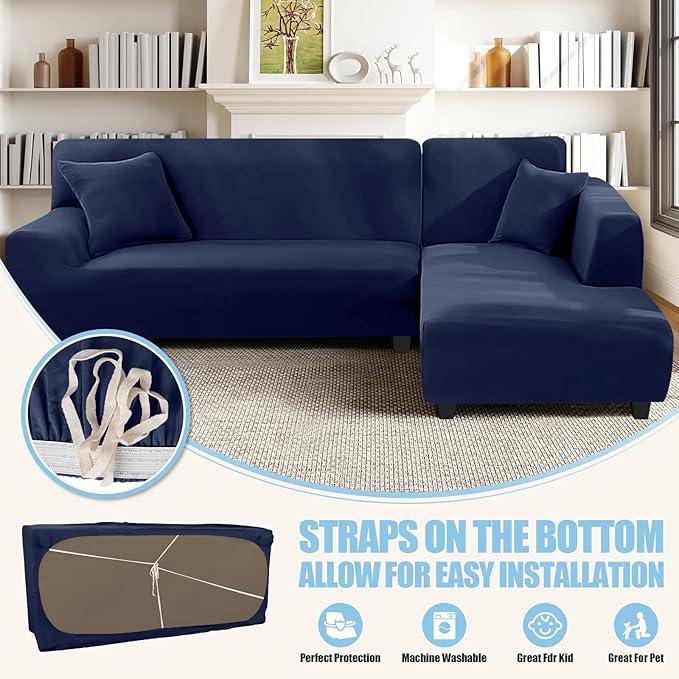 KinCam Sectional Couch Covers L Shape Sofa Covers Super Stretch 2pcs Sofa Slipcovers for 3 + 3 Seaters Sectional Chaise Slipcover with 2pcs Pillow Covers for Pets Kids (Dark Blue)