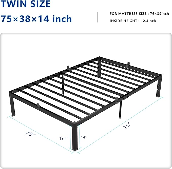 yookare 14 Inch Twin Metal Platform Bed Frame with Round Corner and Mattress Retainers, 3000lbs Heavy Duty Steel Slats Support, No Box Spring Needed, Easy Assembly, Noise Free