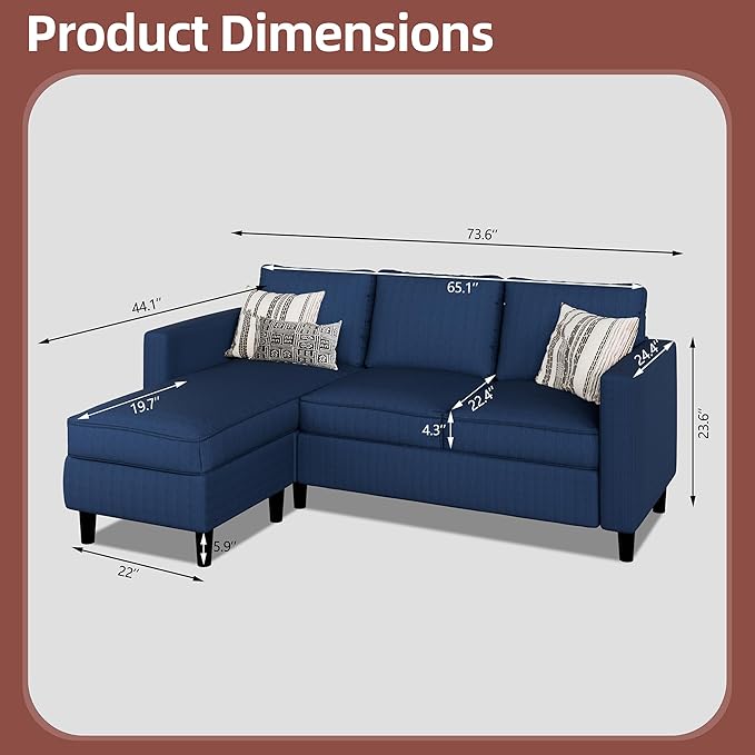 Nuturelly Convertible Sectional Sofa Couch with Movable Ottoman, 3-Seater Modern L-Shaped Sofa for Small Spaces, Soft Fabric Couch for Living Room, Small Apartment & Office(Blue)