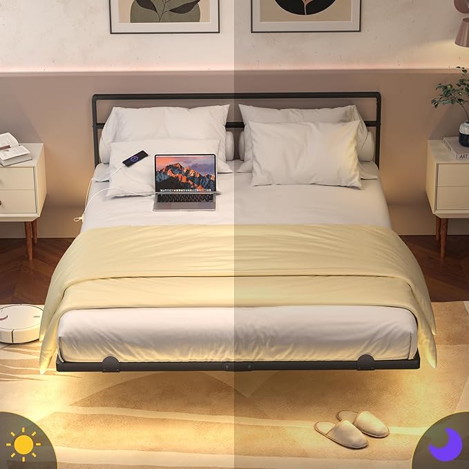 Full Floating Bed Frame with Headboard, Modern Platform Bed Frame with LED Lights and USB Charging Station, Sturdy Metal Bed Frame for Adults, No Box Spring Needed, Easy Assembly, Noise Free Design