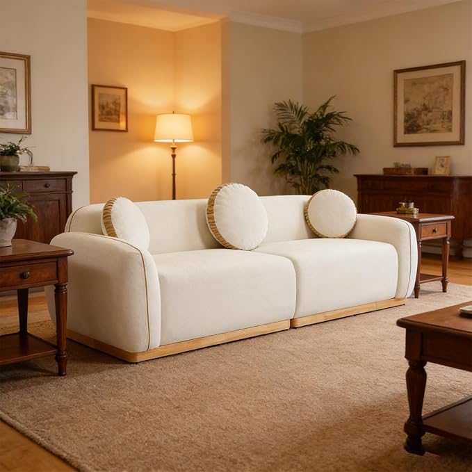90.94'' Modern Sofa- 3 Seater Sofa, Comfy Sofa Couch with Extra Deep Seats, Upholstered Boucle Couch for Living Room Apartment Lounge (White)