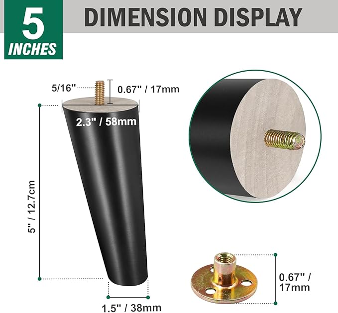FoDau770 Black Rubber Wood Furniture Legs 5 Inches, Slant Tapered Wood Feet Mid Century Sofa Legs Set of 4, 5/16" UNC Furniture Feet Replacement Parts for Cabinet Couch Dresser Chair Ottoman Table