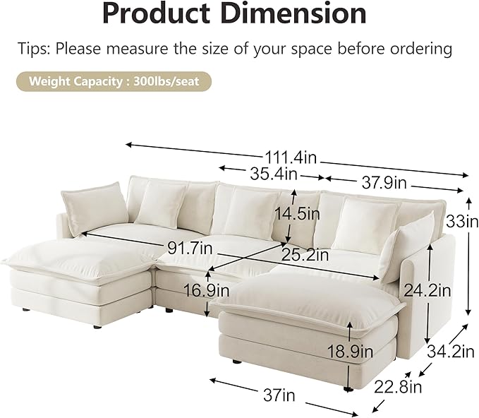 mikibama Modular Sectional Sofa, 111.5 Inch U Shaped Couch Set for Living Room, 3-Seater Comfy Cloud Couches with Movable Ottoman, DIY Combination, Chenille, Beige
