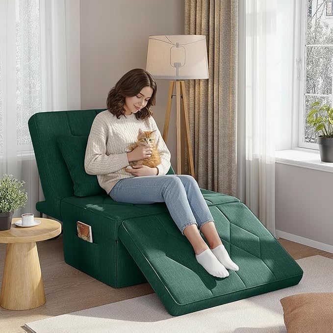 Convertible Sofa Bed with 5-Level Adjustable Backrest, 74" D x 28" W 4-in-1 Folding Ottoman Sleeper Chair Bed, Modern Single Futon Couch for Living Room Apartment Dorm Small Space, Green