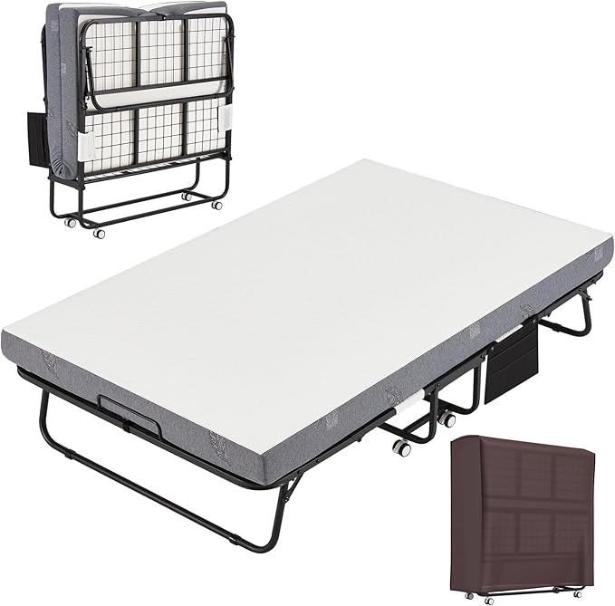 MELLCOM Large 75" x 46"Folding Bed with Mattress,Foldable Rollaway Bed with Mattress for Adults, 5 Inch Memory Foam Mattress,Portable Beds with Metal Frame&Side Pocket