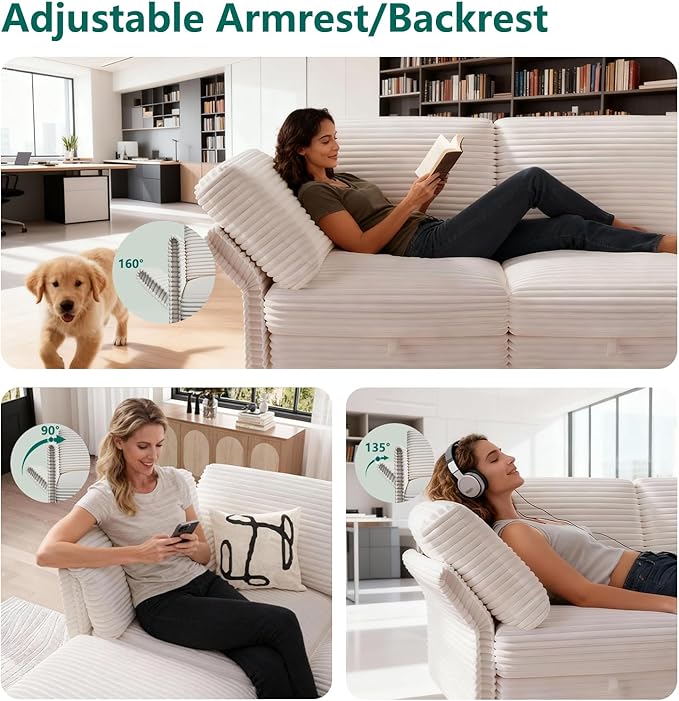 Modular Sectional Sofa with Adjustable Backrest, Large Convertible L/U-Shaped Sleeper Couch for Living Room, Cloud Sofa Bed Modern Reversible Design, Beige