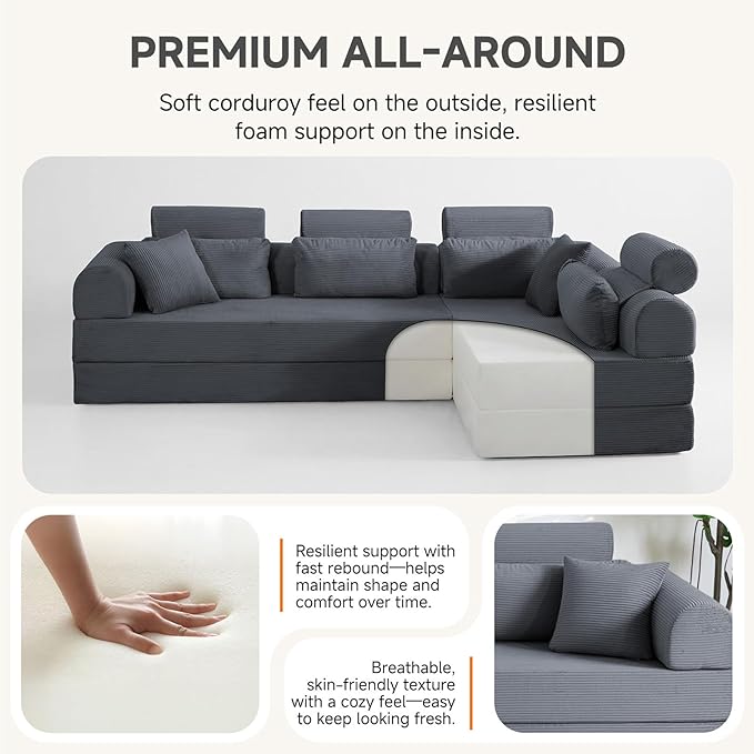 106” L Shaped Boneless Sectional Couch, Two 70.87” Pieces Convert to 141.7” Extra Long Straight Sofa, Corduroy Couch in a Box with Headrest and Back Pillows for Apartment Living Room, Dark Grey