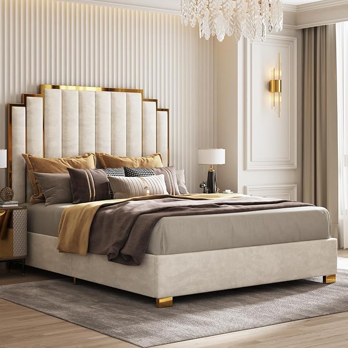 AMERLIFE California King Size Upholstered Bed, Modern Velvet Bed Frame with 65.4” Tall Gold Trim Headboard, No Box Spring Needed, Cream