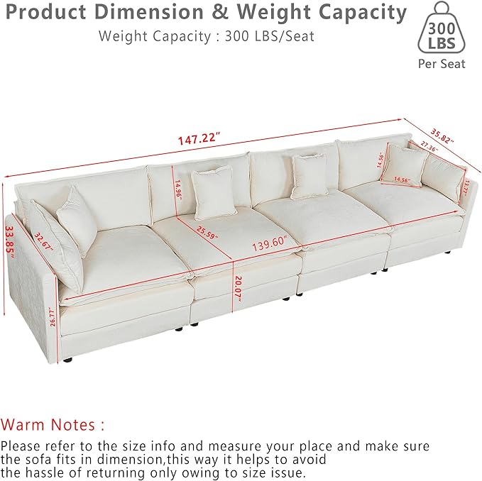 Setawix Chenille Cloud Couches for Living Room,4 Seater Cloud Sofa Couch with Deep Seat,147.22" Roomy Cloud Sofas,Modular Sectional 4 Seat Sofa with Pillows for Bedroom (Beige, 4 Seater)