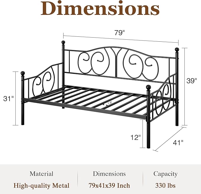 VECELO Metal Daybed Frame Multifunctional Platform Bed Sofa Mattress Foundation with Classic Headboard, Twin, Black