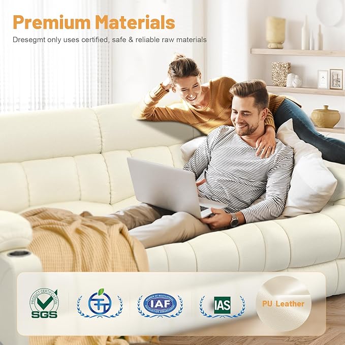 Recliner Sofa Set with Storage Console, Flip Middle Backrest Design PU Leather 3 Seater Reclining Sofa and Single Recliner Chair, Manual Couches for Living Room (Ivory, 3 Seat+Console+1)