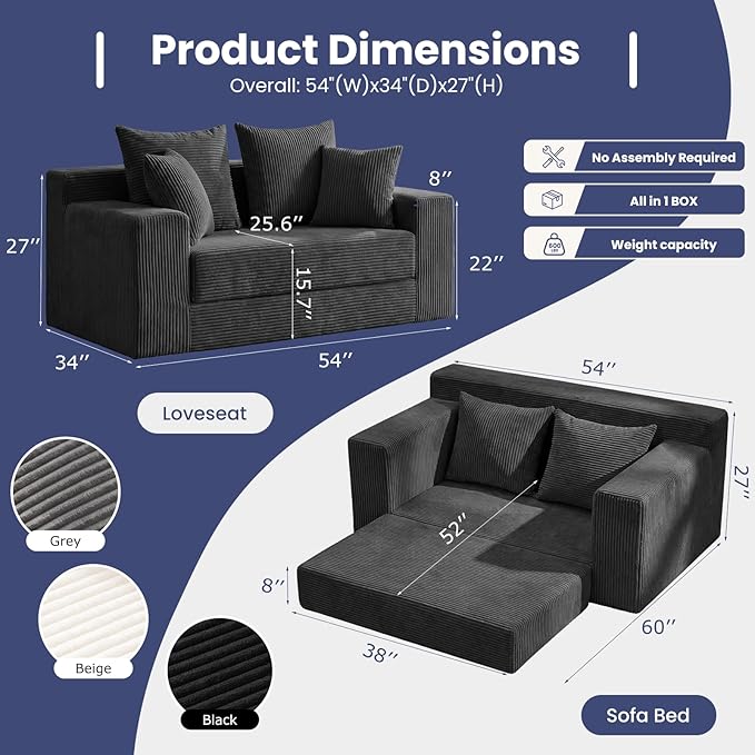 3-in-1 Convertible Sofa Bed: Boneless Loveseat Sleeper & Folding Couch Bed with 4 Pillows & Detachable Cushion for Bedroom, Small Space, Guest and Living Room, Corduroy Futon, No Assembly,Black