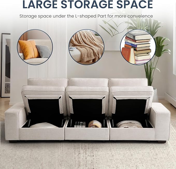 TEKAMON 100" Modular Sofa with Seats Storage, Comfy 3-Seater Chenille Fabric Couch for Living Room, Office, Apart W/Deep Seat, Wide Arms, Side Pockets, USB, Removable Covers, Upholstered Couch/Beige