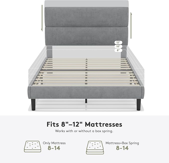 GRUSIGN Full Size Platform Bed Frame with Velvet Headboard, Adjustable Height Wooden Slats Support, Upholstered Mattress Foundation, Fits Mattress or Mattress with Box Spring, Easy Assembly, Grey