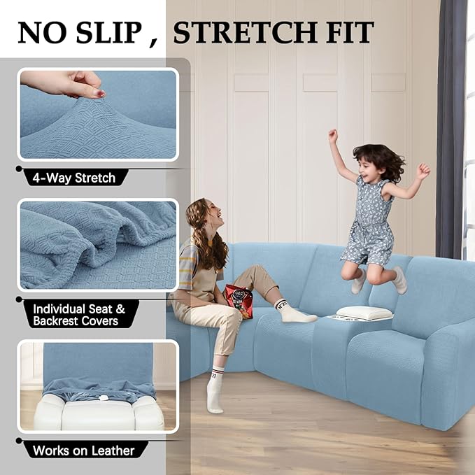Waterproof Reclining Sectional Couch Covers Washable L Shaped Couch Cover for Sectionals Recliner Sofa Covers Stretch Corner Recliner Slipcovers(5 Seater 2 Console Cover, Light Blue)