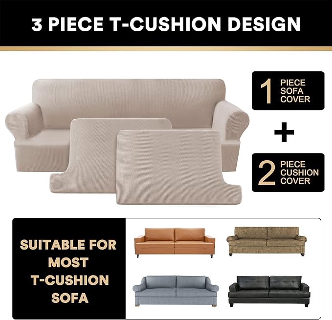 PrinceDeco T Cushion Sofa Slipcover 3 Pieces Sofa Covers for T Cushion Couch Soft Couch Covers Sofa Slip Cover Furniture Covers with 2 Individual T Shape Seat Covers Width Up to 88", Sand