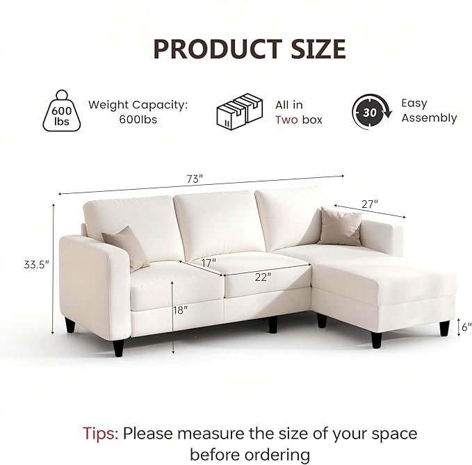 73" Sectional Sofa Couch for Living Room, Beige Convertible L Shaped Sofa with Reversible Ottoman, 8" Extra Thick High-Density Cushions, Modern Linen Fabric 3 Seater Sofa for Small Space