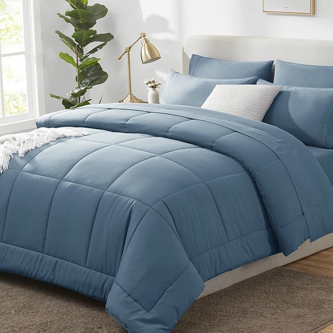 CozyLux Queen Comforter Set Mineral Blue, 7 Pieces Bed in a Bag, Blue Comforters Queen Size, All Season Bedding Sets with Stitch Quilted Comforter, Flat Sheet, Fitted Sheet, Pillowcases