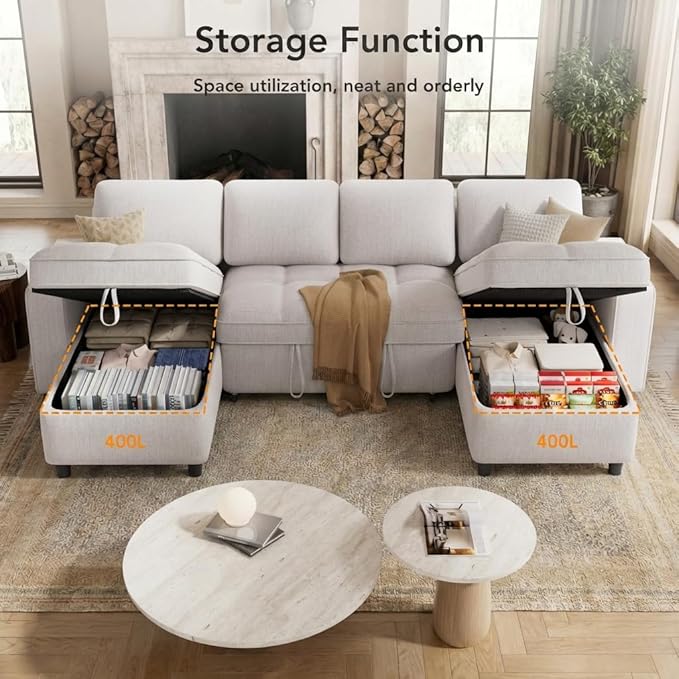 WEUP Modular Sectional Sleeper Sofa Bed, 105" U-Shaped Couch Bed with Adjustable Backrest, Pull Out Couch with Double Storage Chaise, USB Charging & Tool-Free Assembly, Chenille Beige | Reclining Backrest, Tool-Free Assembly, Breathable material