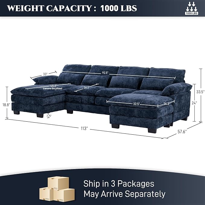 113" Cloud Couch Sectional Modular Sofa U Shaped Sectional Couches for Living Room Comfy 5-Seater Deep Seat Couch Chenille Cloud Sectional Sofa with Movable Ottoman & 4 Pillows, Blue