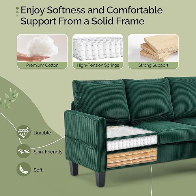 VINGLI 68.5' L Shaped Couch with Movable Storage Ottoman, Convertible Sectional Sofa in Soft Corduroy Fabric, Modern Reversible Chaise Couch for Small Spaces, Apartment, Living Room，Dark Green