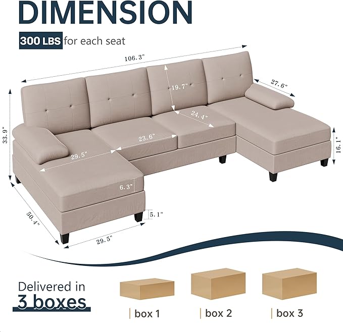 Meilocar Sectional Couches for Living Room, 106 in U Shaped Couches for Living Room, 4 Seat Sofa with Armrest, Sectional Couch for Apartment, Beige