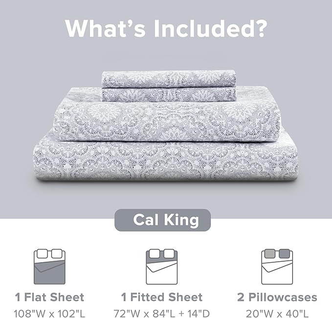 Comfort Spaces 100% Cotton Sheet Set Breathable, Lightweight, Soft with 14" Elastic Pocket Fits up to 16" Mattress, All Season Cozy Bedding, Matching Pillow Case, Cal King Adelia Gray 4 Piece