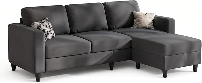 73" Sectional Sofa Couch for Living Room, Dark Grey Convertible L Shaped Sofa with Reversible Ottoman, 8" Extra Thick High-Density Cushions, Modern Linen Fabric 3 Seater Sofa for Small Space | 8" Extra Cushions