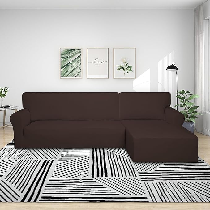 PureFit Super Stretch Sectional Couch Covers - 2 pcs Spandex Non Slip Sofa Covers with Elastic Bottom for L Shape Sectional Sofa Couch, Great for Kids & Pets (3 Seat Sofa + 2 Seat Chaise, Chocolate)