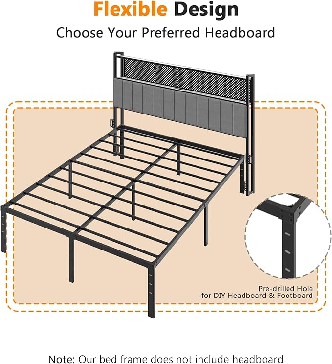 VINGLI 14 Inch Full Bed Frame, Heavy Duty Metal Platform, No Box Spring Needed, Steel Slat Support, Easy Assembly, Noise-Free, 12 inch Underbed Storage Space, Black